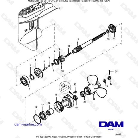 Mercury 25 EFI Caja de engranajes eje de la hélice 1 92 1 Relación