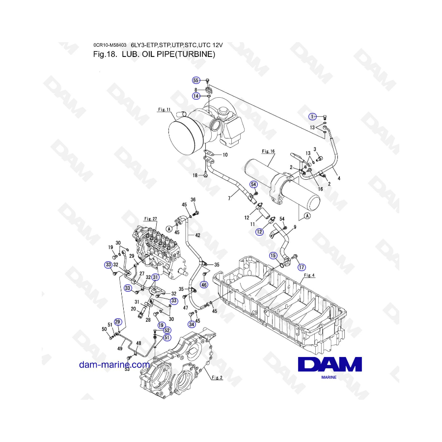 Yanmar 6LY3 ETP STP UTP UTC STC Lub Oil Pipe Turbine DAM