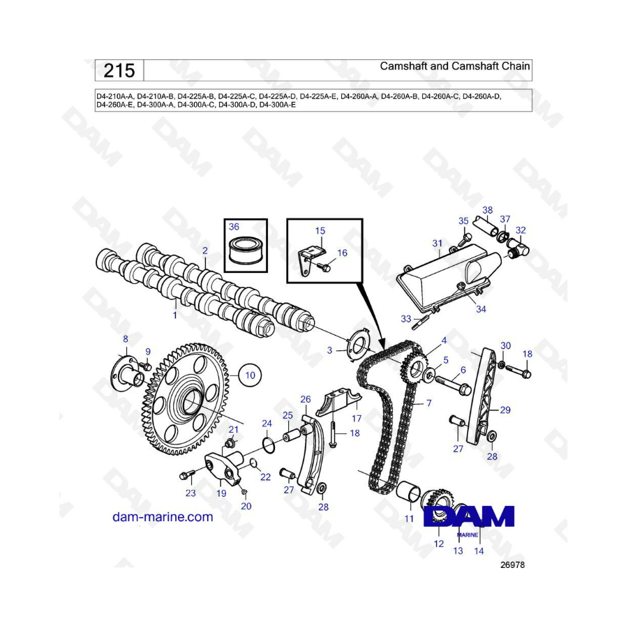 Volvo Penta D4-210A / D4-225A / D4-260A / D4-300 - Árbol de levas y cadena de árbol de levas