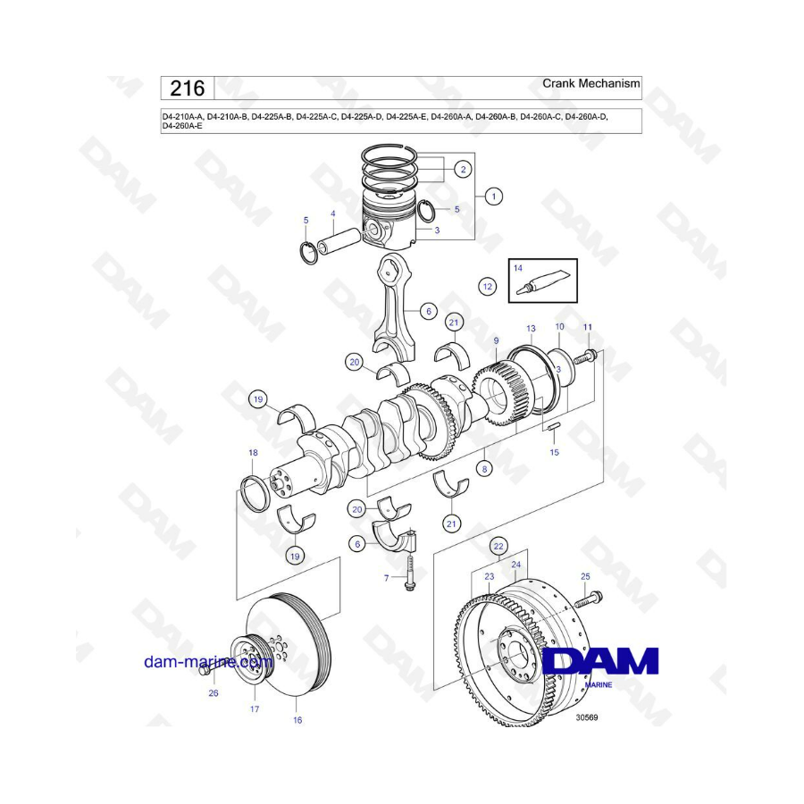 Volvo Penta D4-210A / D4-225A / D4-260A - Mecanismo de manivela