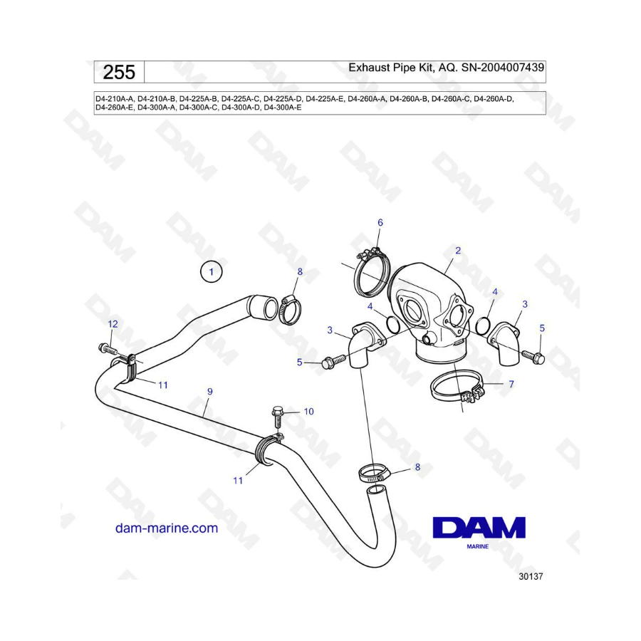 Volvo Penta D4-210A / D4-225A / D4-260A / D4-300A - Exhaust pipe kit, AQ