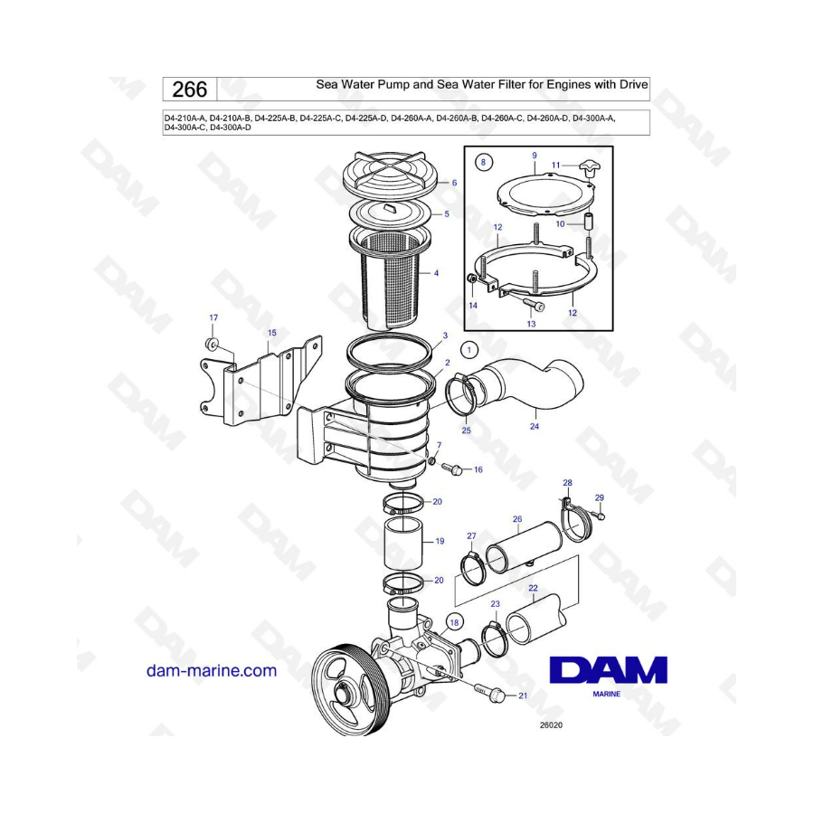 Volvo Penta D4-210A / D4-225A / D4-260A / D4-300A - Bomba de agua de mar y filtro de agua de mar para motores con accionamientos