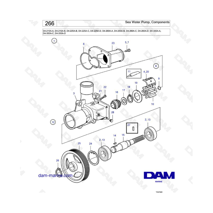 Volvo Penta D4-210A-A -B / D4-225A-B -C -D / D4-260A-A -B -C -D / D4-300A-A -C -D - Bomba de agua de mar, componentes