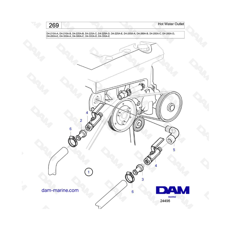 Volvo Penta D4-210A / D4-225A / D4-260A / D4-300A - Hot water outlet