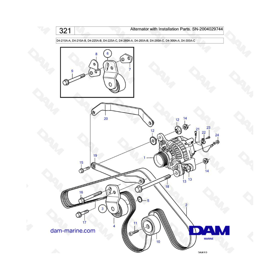 Volvo Penta D4-210A / D4-225A / D4-260A / D4-300A - Alternador con piezas de instalación