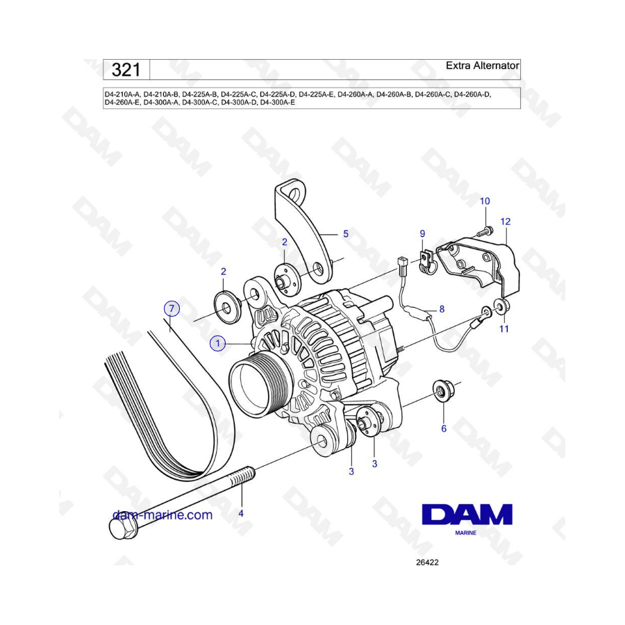 Volvo Penta D4-210A / D4-225A / D4-260A / D4-300A - Alternador adicional