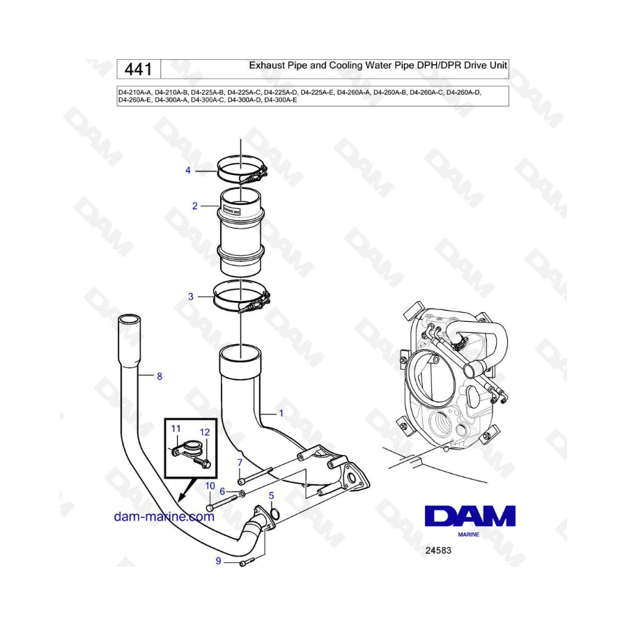 Volvo Penta D4-210A / D4-225A / D4-260A / D4-300A - Exhaust pipe & cooling water pipe DPH/DPR Drive unit