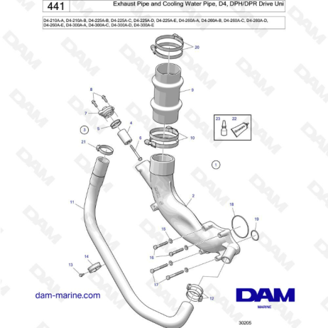 Volvo Penta D4-210A / D4-225A / D4-260A / D4-300A - Exhaust pipe & cooling water pipe