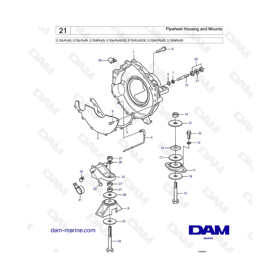 Volvo Penta 5.7L GL - Carcasa del volante y soportes