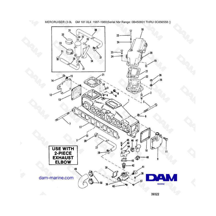 Mercruiser 3.0L avant 1990 - Exhaust manifold, use w/2 piece exhaust elbow