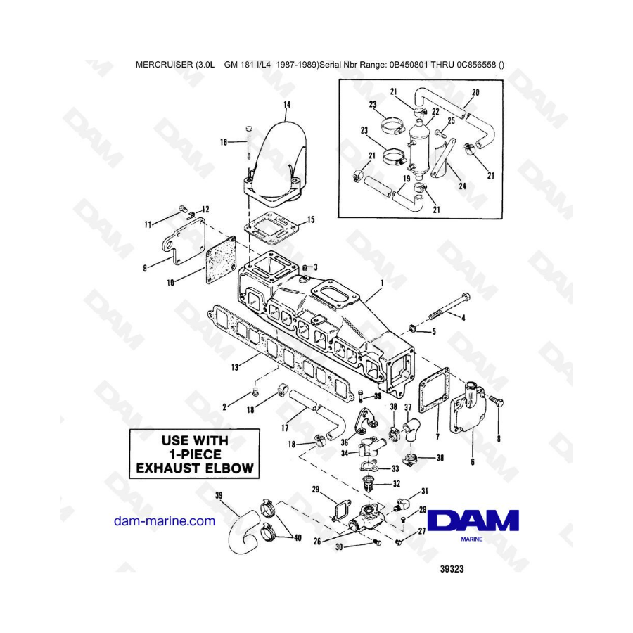 Mercruiser 3.0L avant 1990 - Exhaust manifold (with 1 piece exhaust elbow)