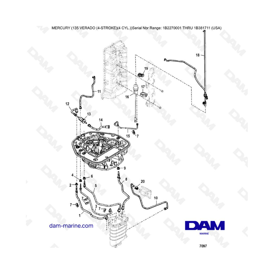 Mercury Verado 135 (N.S IB227001 a IB381711) - Placa adaptadora, enrutamiento de mangueras