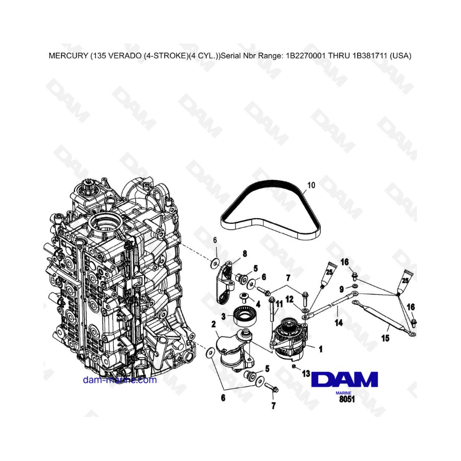 Mercury Verado 135 (N.S IB227001 a IB381711) - Montaje del alternador / tensor de correa