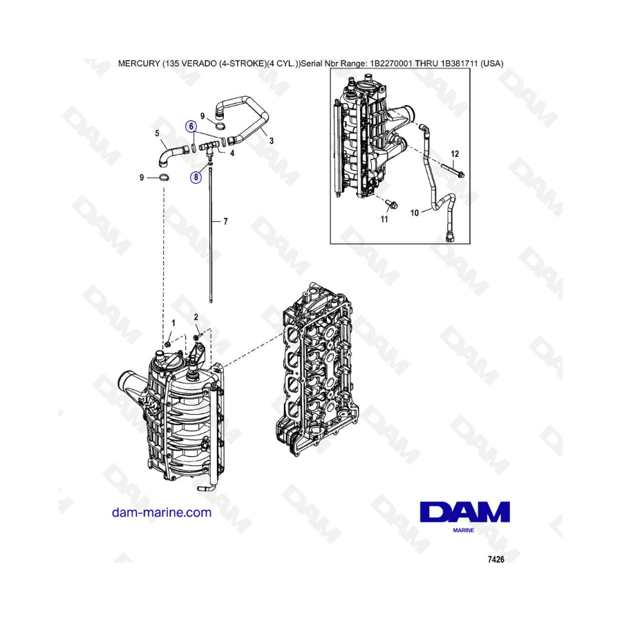 Mercury Verado 135 (N.S IB227001 à IB381711) - Charge cooler / Intake manifold hose routings