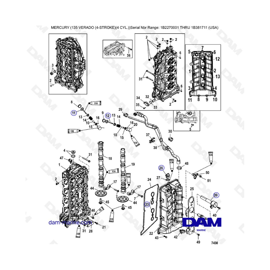 Mercury Verado 135 (SN 1B2270001 à IB381711) - Cylinder head & camshaft