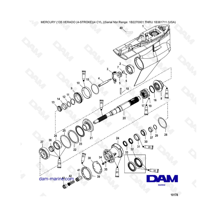 Mercury Verado 135 (SN 1B2270001 à IB381711) - Gear housing, propeller shaft - counter rotation