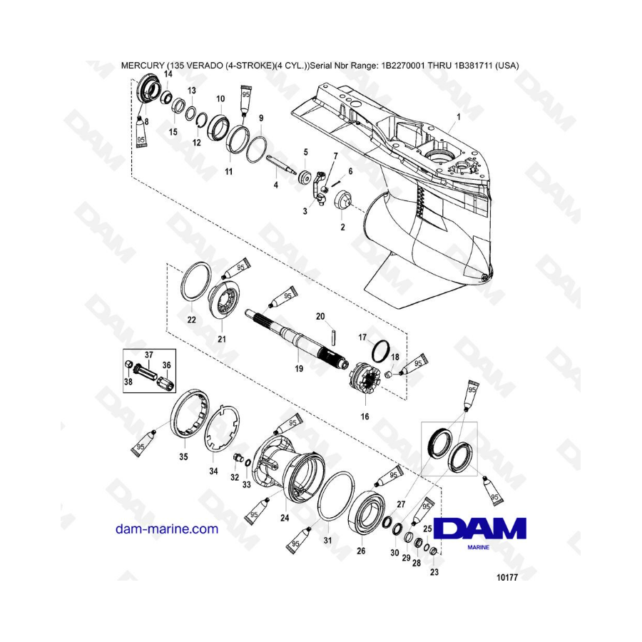 Mercury Verado 135 (SN 1B2270001 a IB381711) - Caja de engranajes, eje de la hélice - rotación estándar