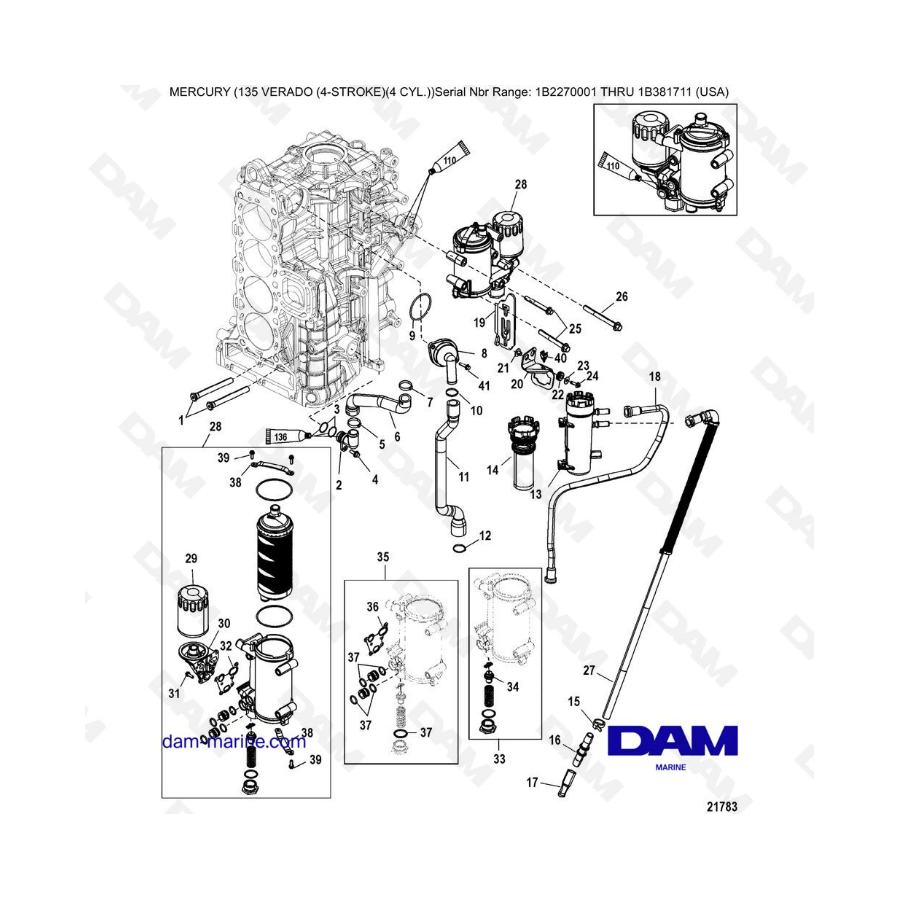 Mercury Verado 135 (SN 1B2270001 à IB381711) - Starboard cylinder block & oil cooler