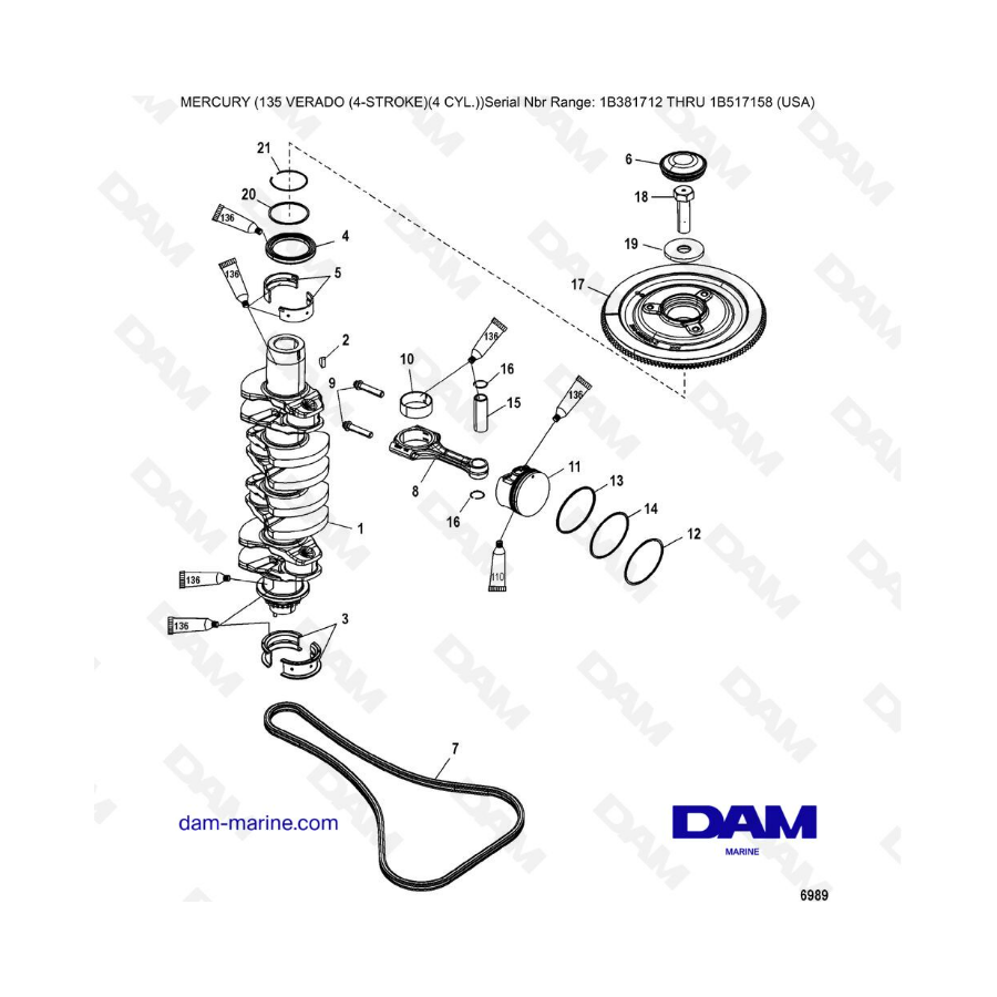 Mercury Verado 135 (SN 1B381712 à 1B517158) - Crankshaft, pistons & connecting rods