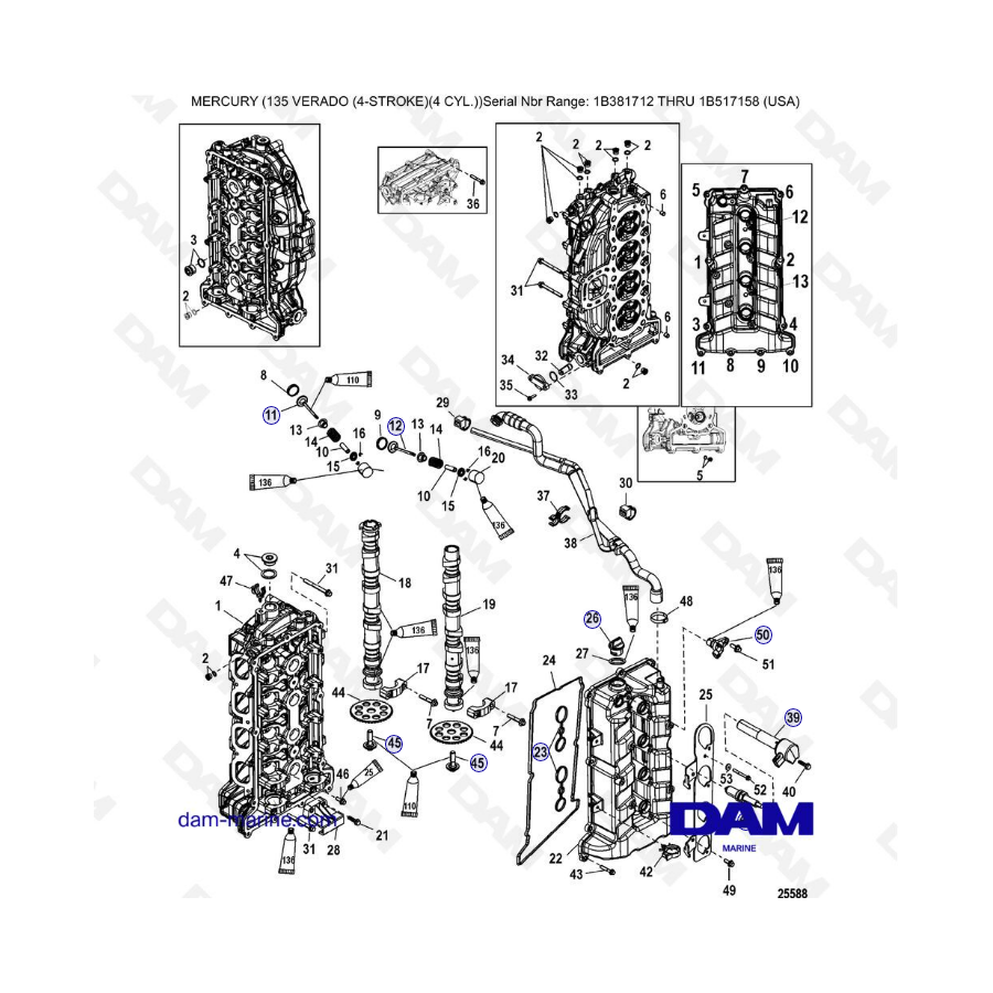 Mercury Verado 135 (SN 1B381712 à 1B517158) - Cylinder head & camshaft