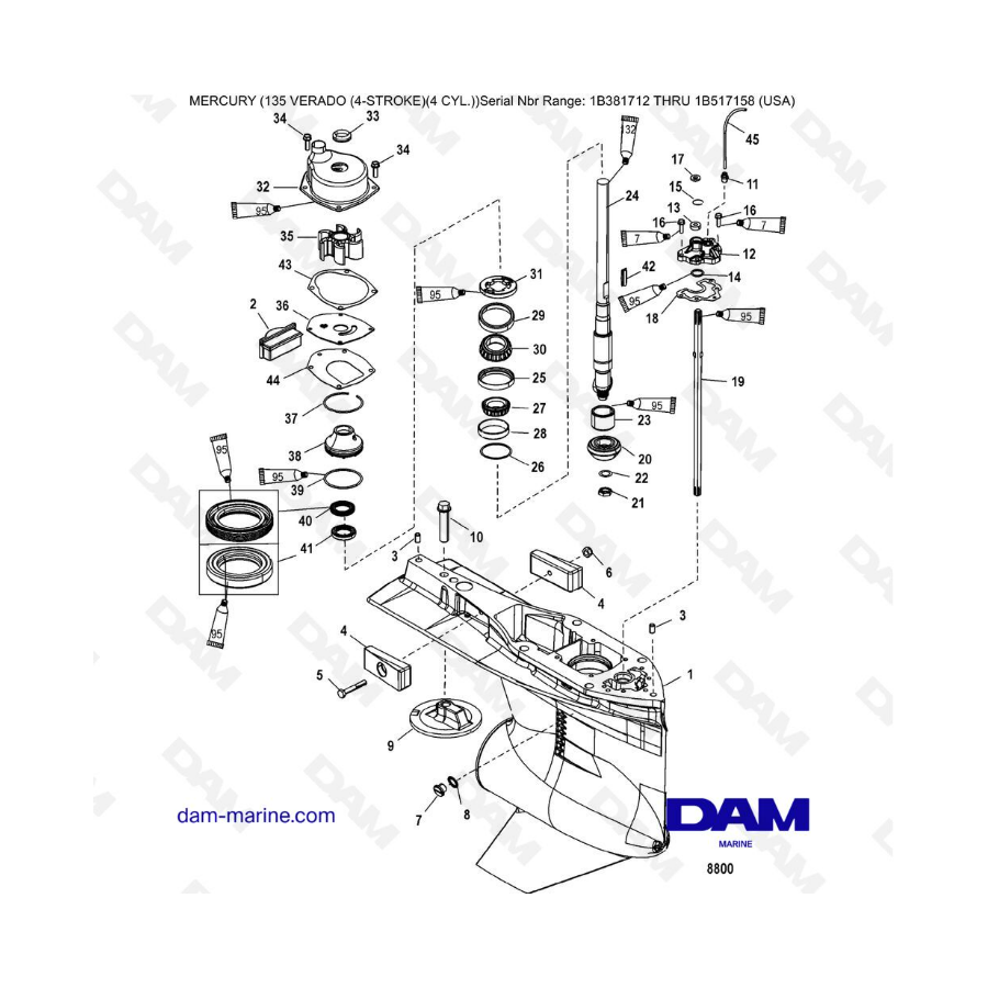 Mercury Verado 135 (SN 1B381712 à 1B517158) - Gear housing (driveshaft) (standard/counter rotation)