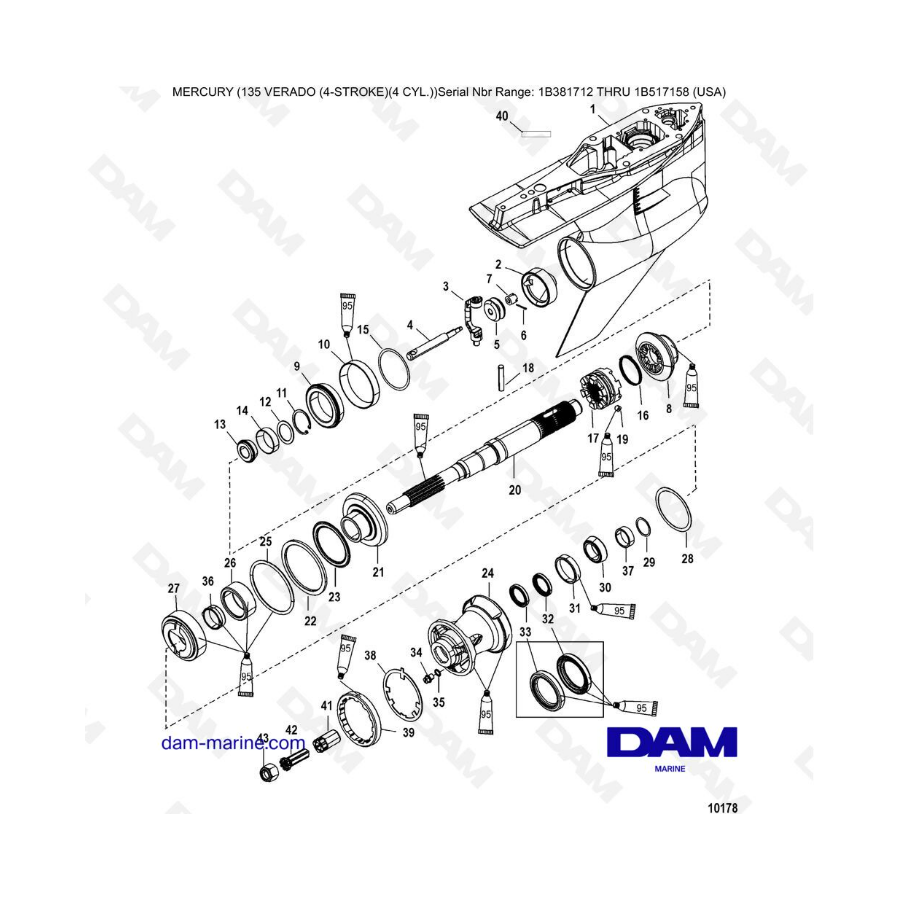 Mercury Verado 135 (SN 1B381712 à 1B517158) - Gear housing, propeller shaft - counter rotation