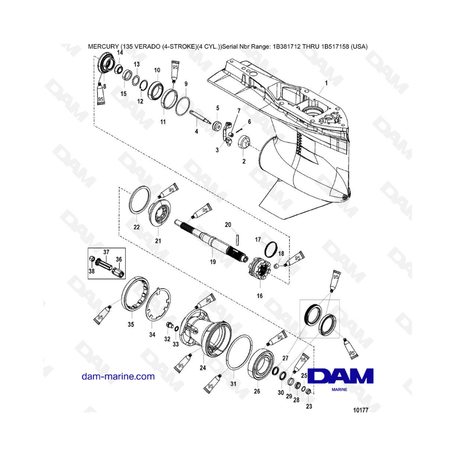 Mercury Verado 135 (SN 1B381712 a 1B517158) - Caja de engranajes, eje de la hélice - rotación estándar