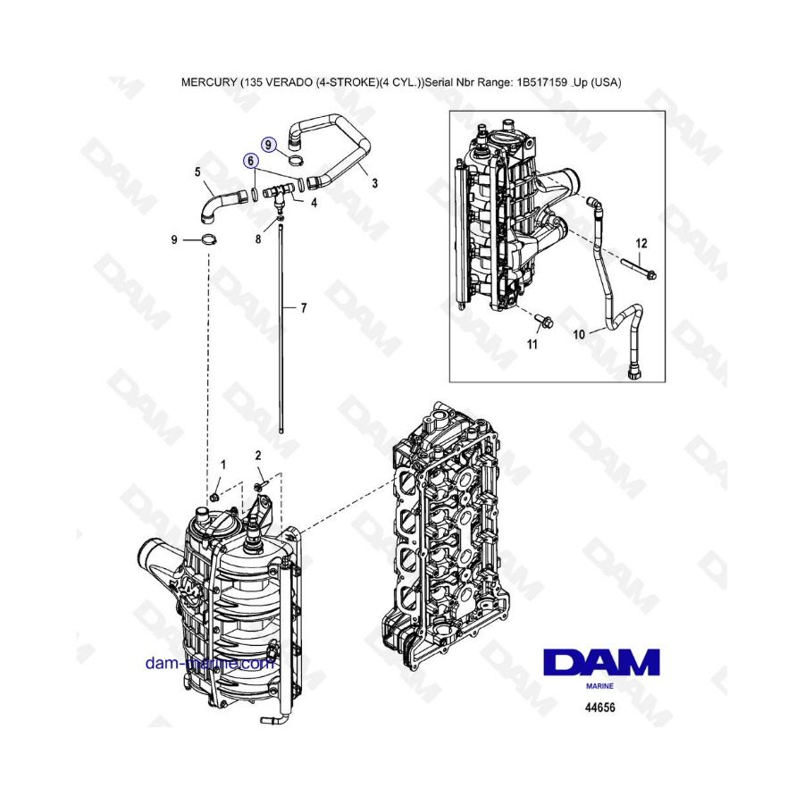 Mercury Verado 135 (SN 1B517159 & plus) - Charge cooler/Intake manifold hose routings