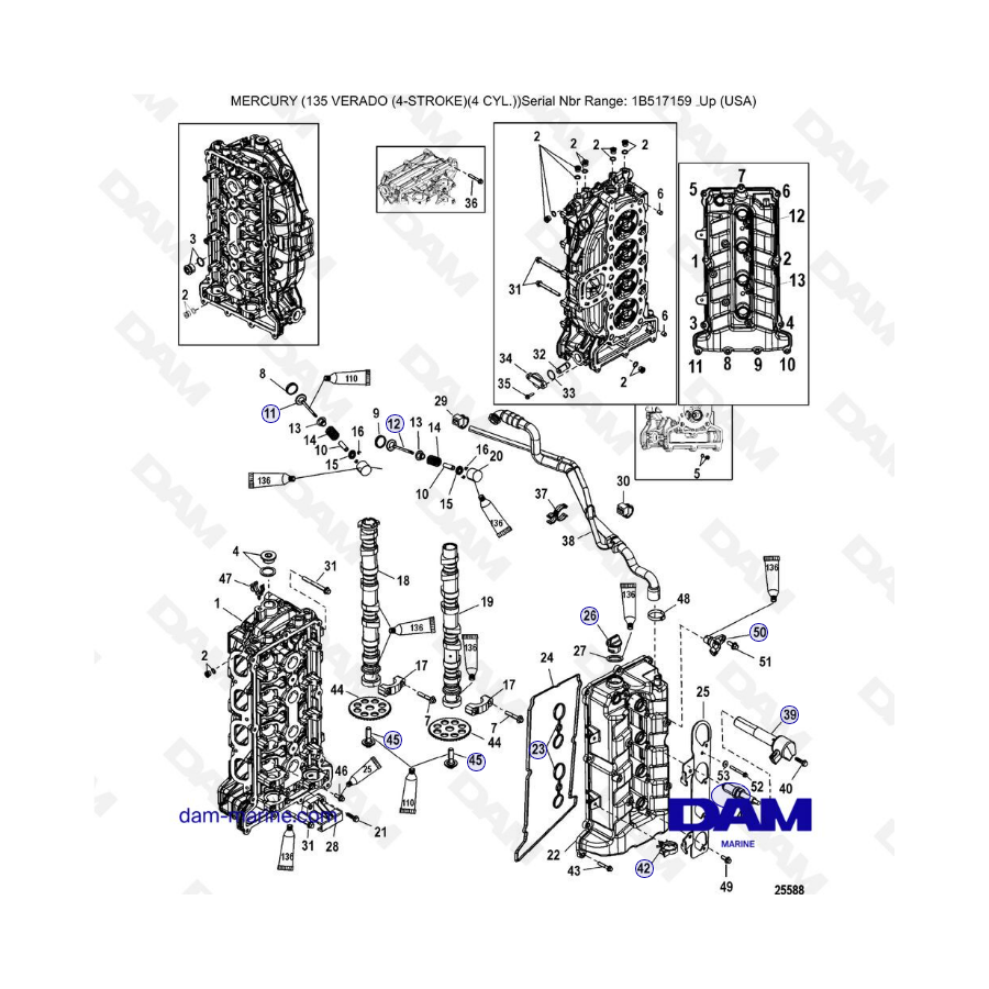 Mercury Verado 135 (SN 1B517159 & plus) - Cylinder head & camshaft