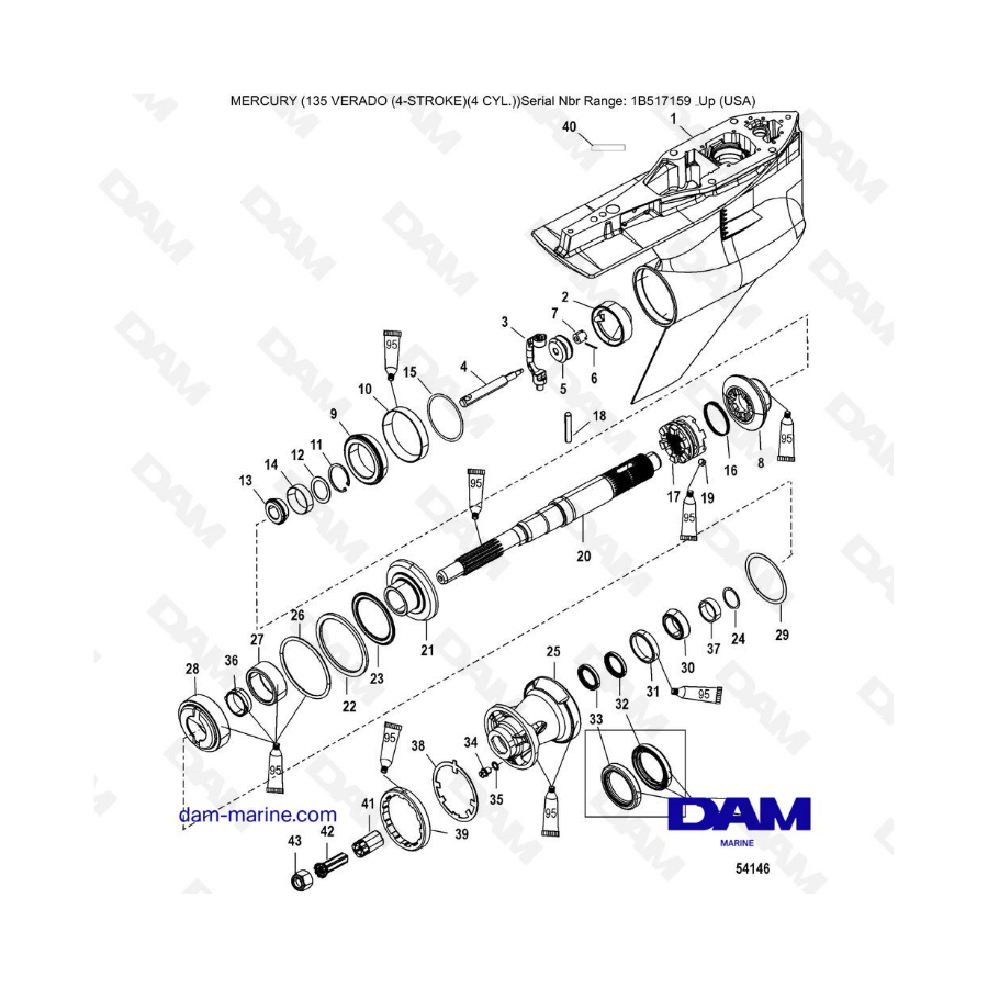 Mercury Verado 135 (SN 1B517159 & more) - Gear housing, prop shaft-counter rotation 2B026817 & + 