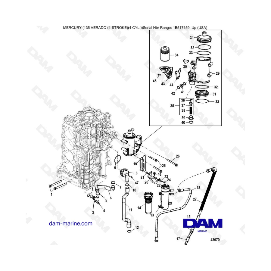 Mercury Verado 135 (SN 1B517159 & above) - Starboard cylinder block/oil cooler (1B831000 & above)