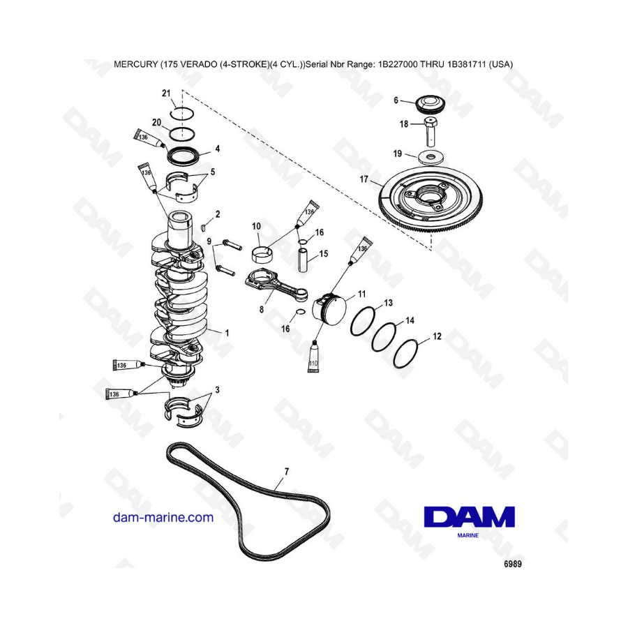 Mercury Verado 175 (SN 1B227000 à 1B381711) - Crankshaft, pistons & connecting rods