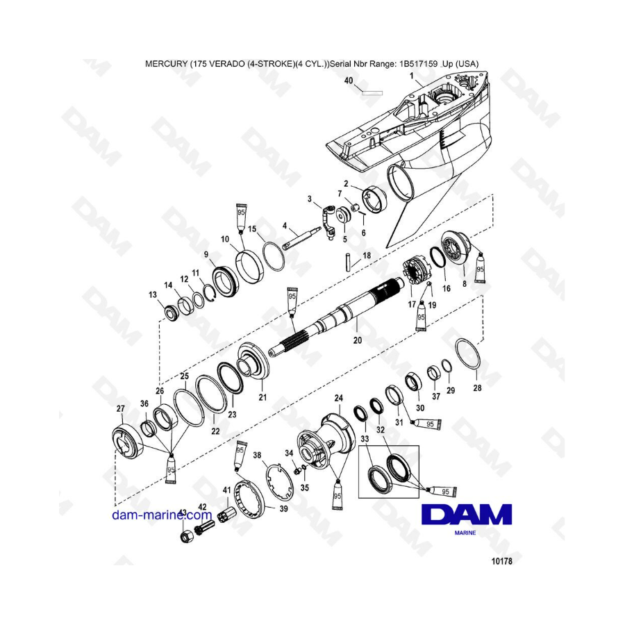 Mercury Verado 175 (1B517159 & ) - Gear housing, prop shaft-counter rotation 2B026816 & - 