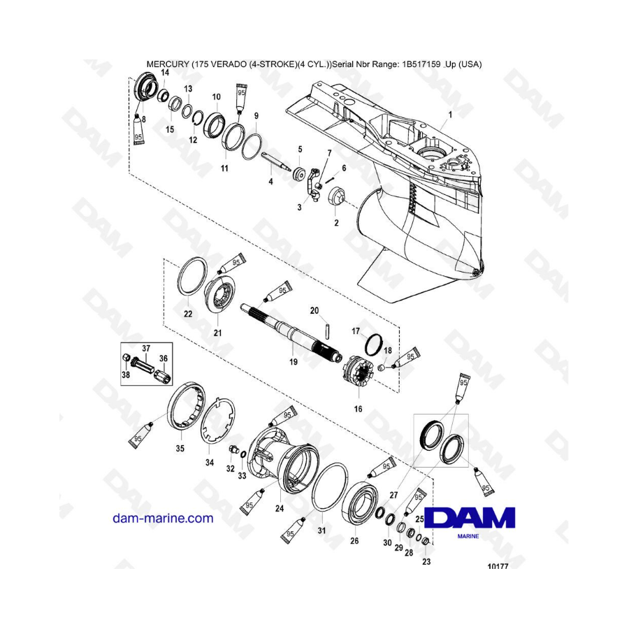 Mercury Verado 175 (1B517159 & +) - Gear housing, propeller shaft-std rotation 2B026816 & -