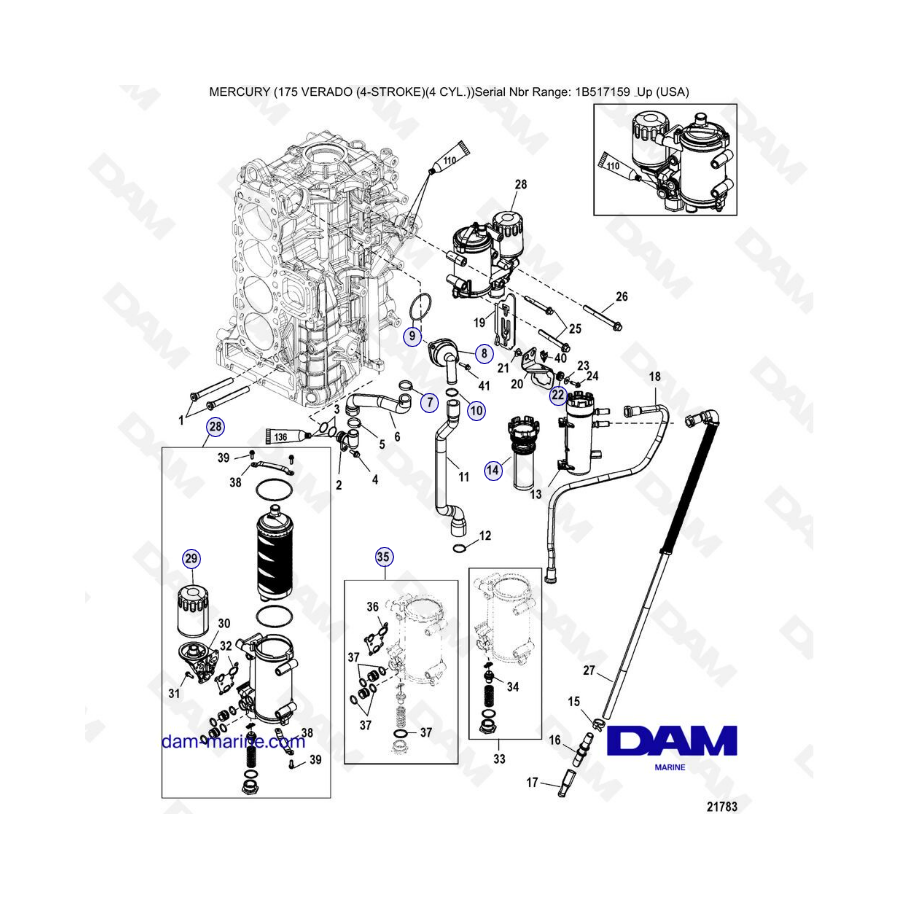 Mercury Verado 175 (1B517159 & +) - Starboard cylinder block / Oil cooler (1B830999 & -)