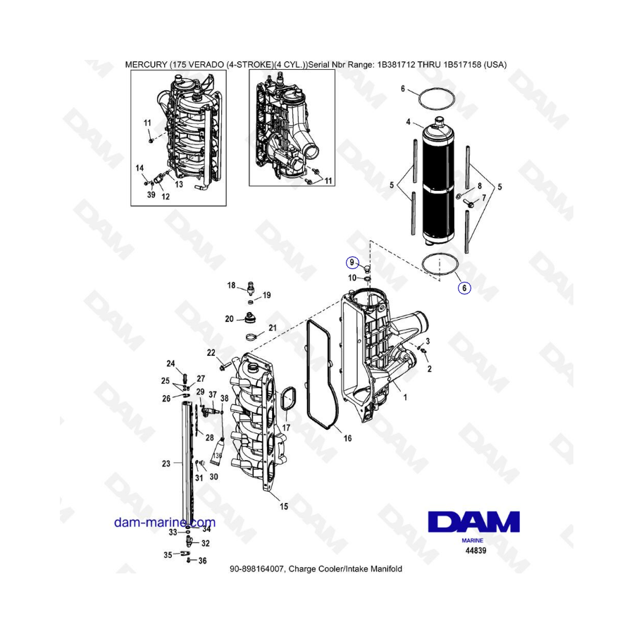 Mercury Verado 175 NS 1B381712 à 1B517158 - Charge cooler/Intake manifold hose routings