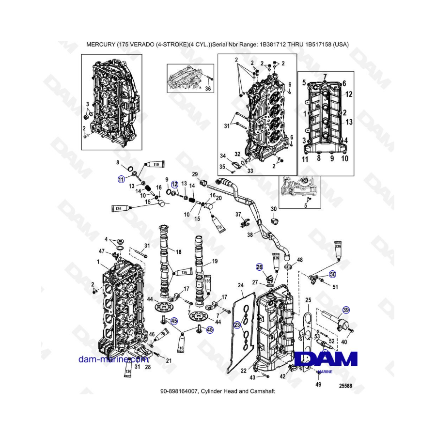 Mercury Verado 175 NS 1B381712 à 1B517158 - Cylinder head & camshaft