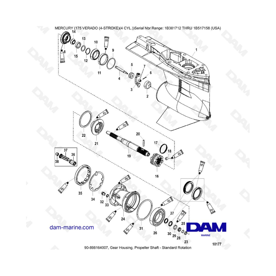 Mercury Verado 175 NS 1B381712 à 1B517158 - Gear housing, propeller shaft - std rotation