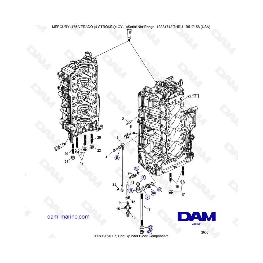 Mercury Verado 175 NS 1B381712 à 1B517158 - Port cylinder block components