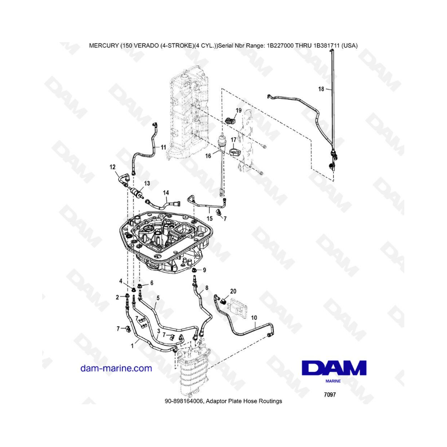 Mercury Verado 150 (NS 1B227000 à 1B381711) - Adaptor plate hose routings