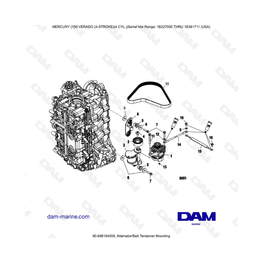 Mercury Verado 150 (NS 1B227000 a 1B381711) - Montaje del alternador/tensor de correa