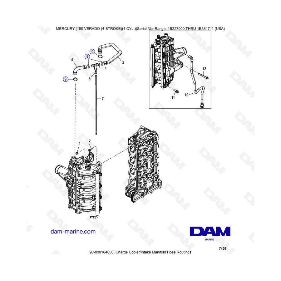 Mercury Verado 150 (NS 1B227000 à 1B381711) - Charge cooler/Intake manifold hose routings