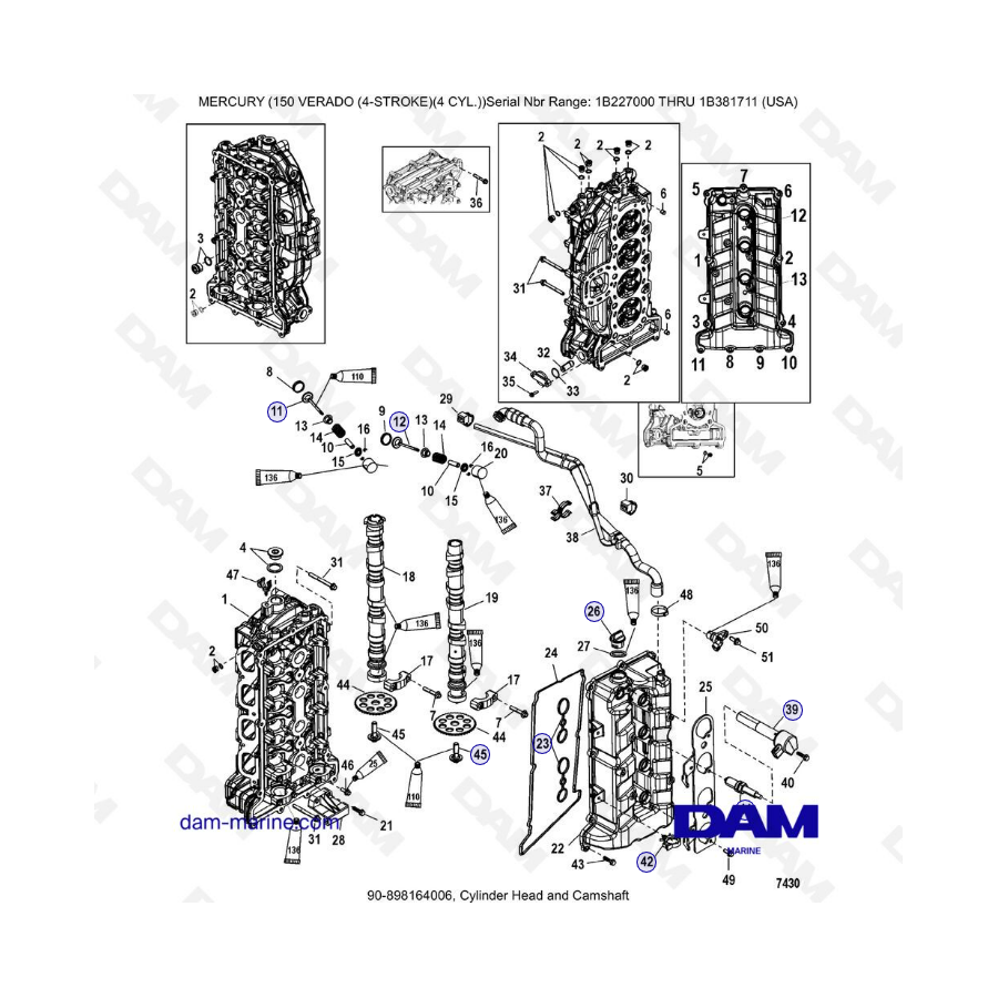 Mercury Verado 150 (NS 1B227000 a 1B381711) - Culata y árbol de levas