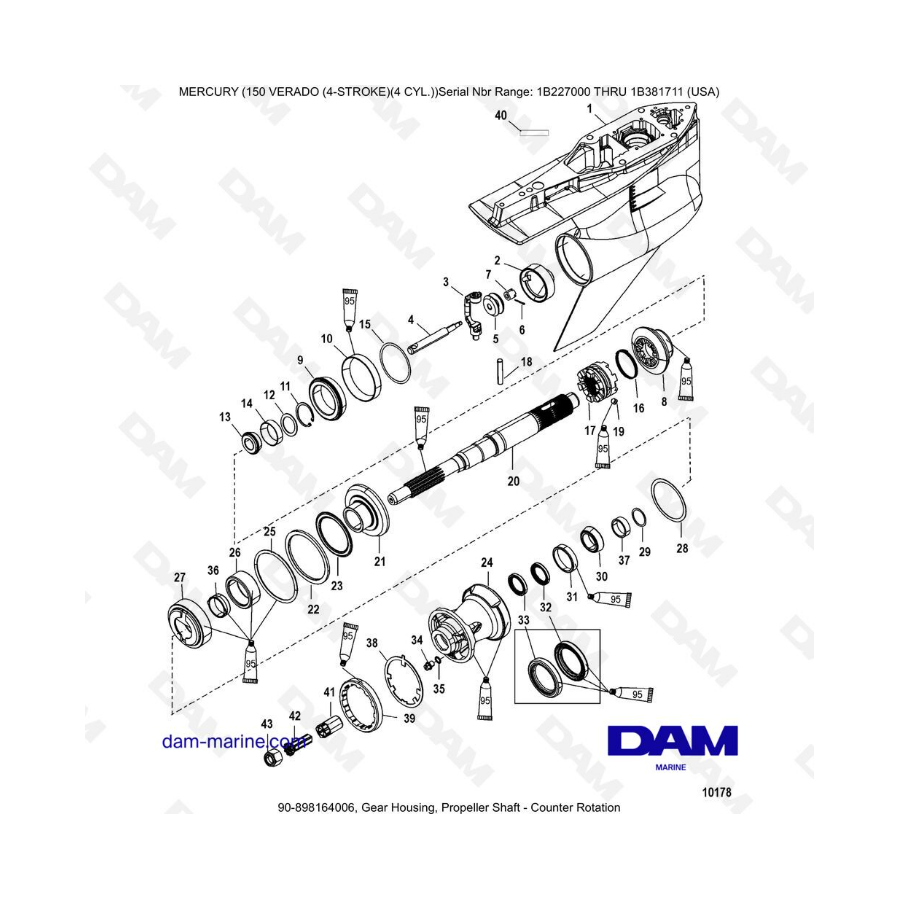 Mercury Verado 150 (NS 1B227000 à 1B381711) - Gear housing, propeller shaft - counter rotation