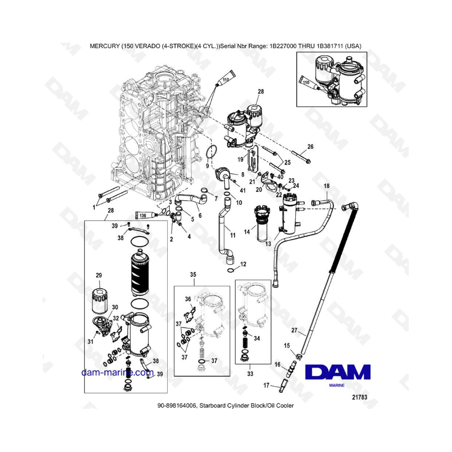 Mercury Verado 150 (NS 1B227000 à 1B381711) - Starboard cylinder block/oil cooler