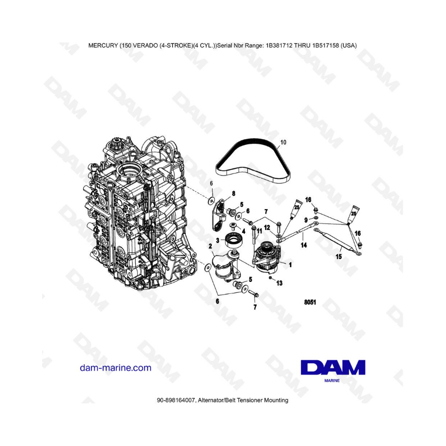 Mercury Verado 150 (SN 1B381712 à 1B517158) - Alternator/Belt tensioner mounting