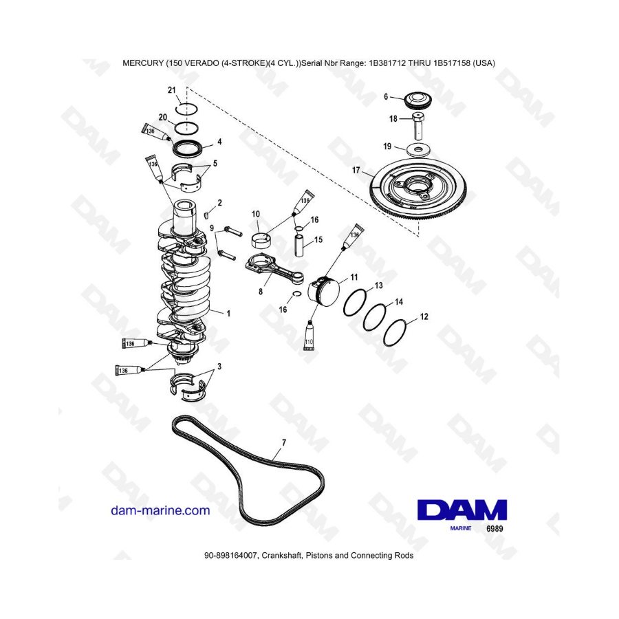 Mercury Verado 150 (SN 1B381712 à 1B517158) - Crankshaft, pistons & connecting rods