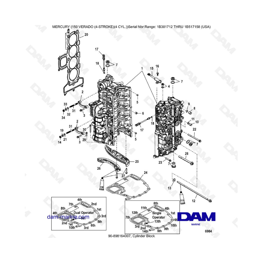 Mercury Verado 150 (SN 1B381712 à 1B517158) - Cylinder block