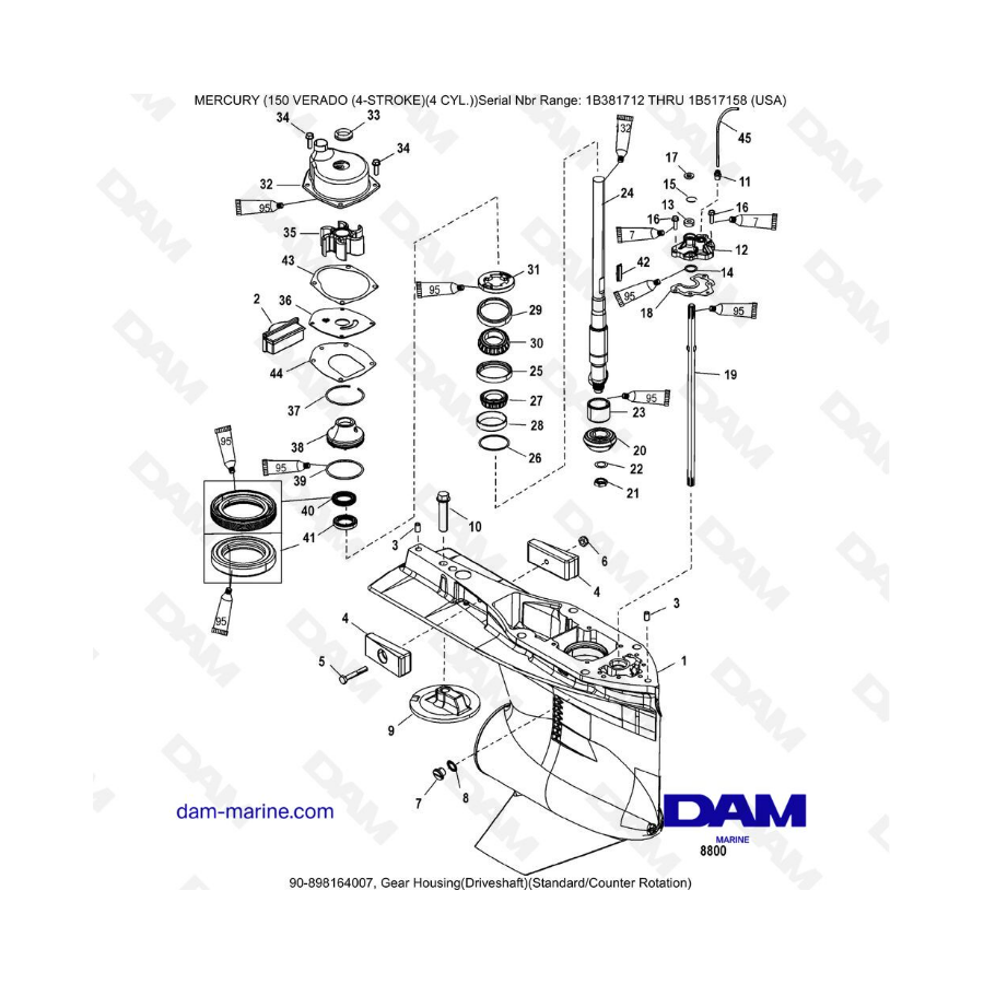 Mercury Verado 150 (SN 1B381712 à 1B517158) - Gear housing (driveshaft) (standard/counter rotation)