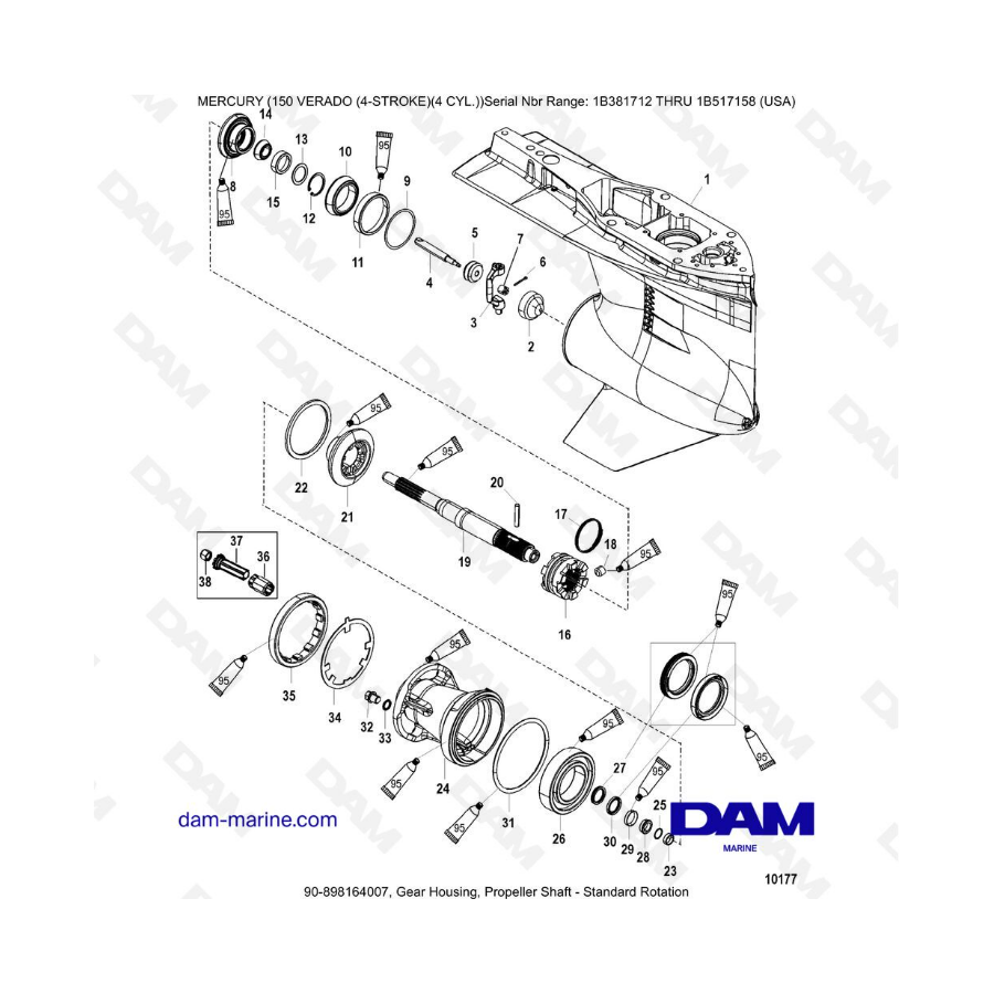 Mercury Verado 150 (SN 1B381712 à 1B517158) - Gear housing, propeller shaft - standard rotation